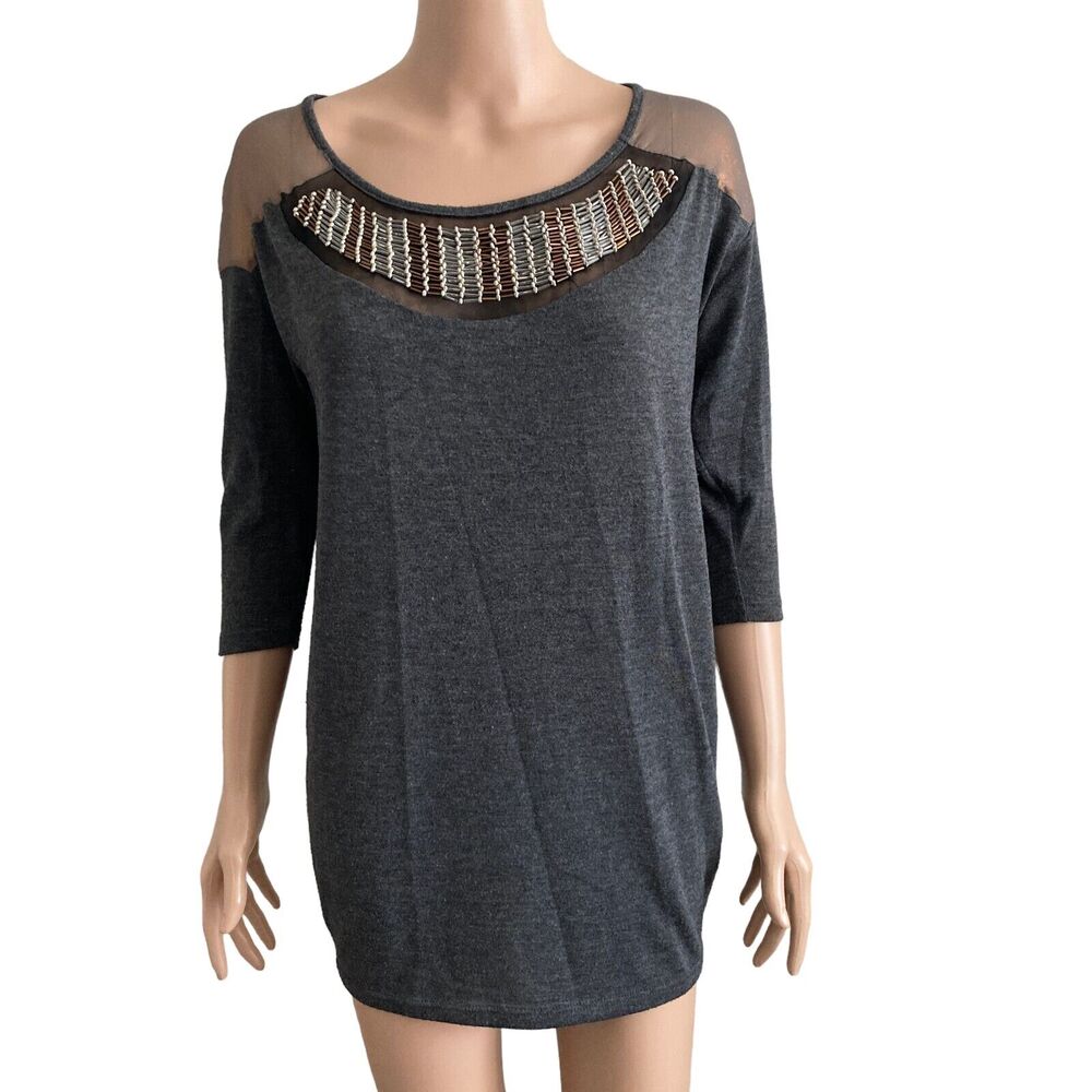 Solemio Blouse Womens Medium Gray Iridescent Beaded Short Sleeve Stretch